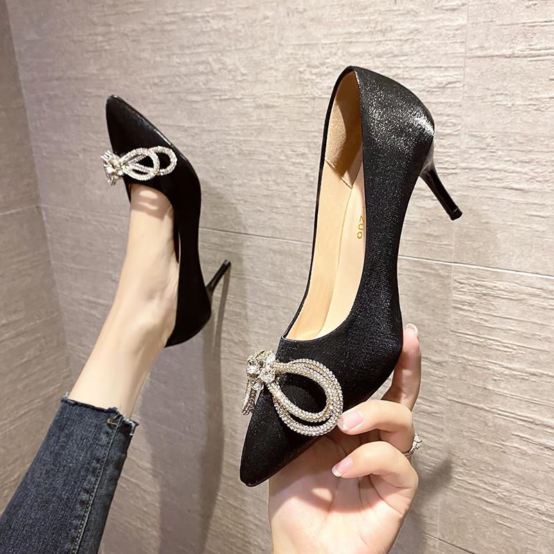 Autumn 10cm/7cm Stiletto High Heel Women Pumps Thin Heel Luxury Crystals Bowknots White Wedding Diamonds Women Shoes