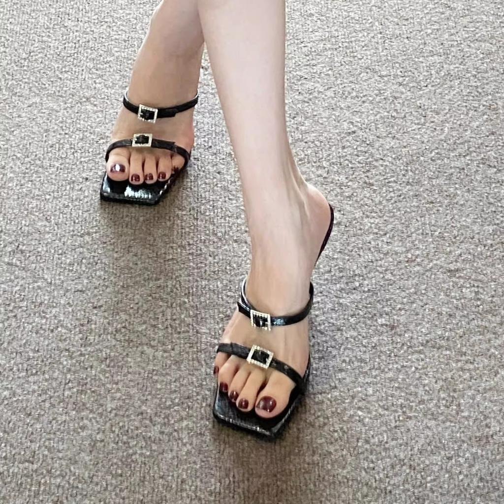 Square head open-toed black high heels women's summer slippers thin heels versatile, not tired feet with sandals