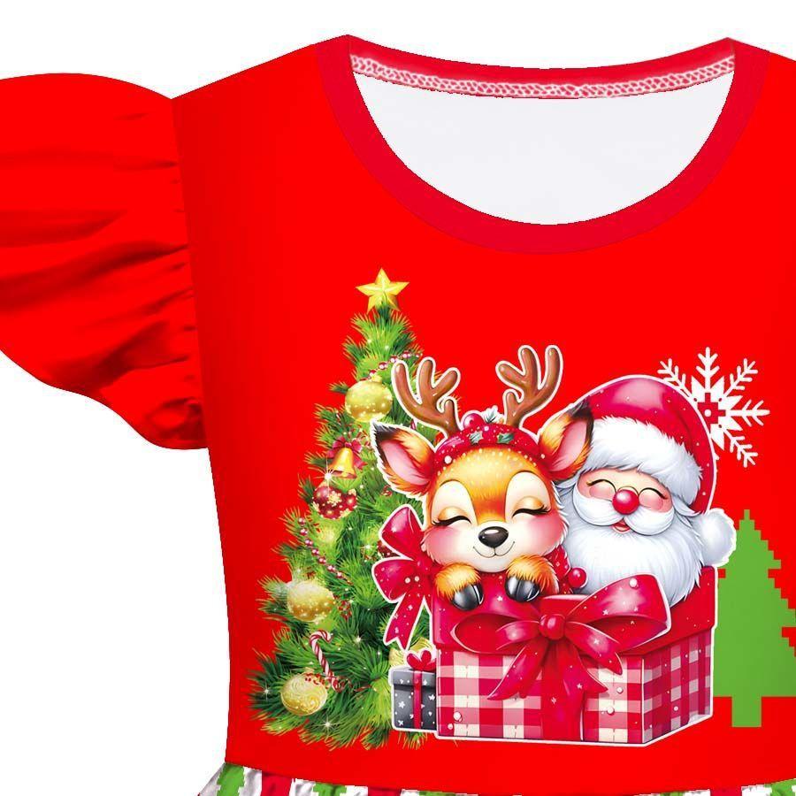 Kids Girls Cartoon Santa Claus Christmas Tree Elk Print Ruffle Sleevess New Year Dress