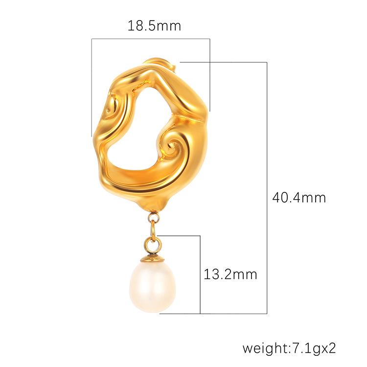 French Retro Light Luxury Plated 18K Gold Hollow Lava Irregular Earrings Women's Freshwater Pearl Pendant Exaggerated Earrings