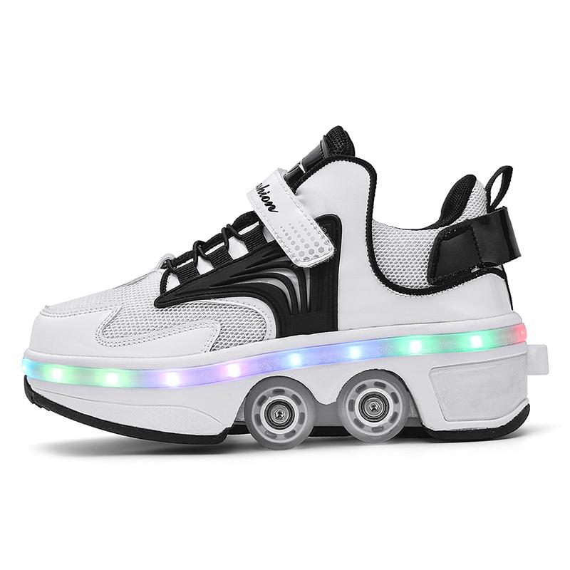 Kids Glowing Sneakers Kids Roller Skates for 6-15 Years Old Four-wheel Deformation Can Walk Can Skate Skates Mens Roller Sneakers