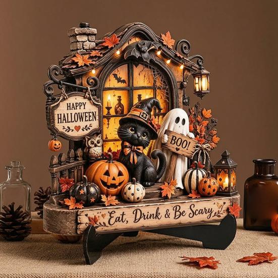 Centros de Mesa de Halloween Cartel de Madera para Mesa, Calabaza Gato Negro Fantasma Casa Encantada Placa Decorativa Manualidades de Relieve Tridimensional con Soporte,