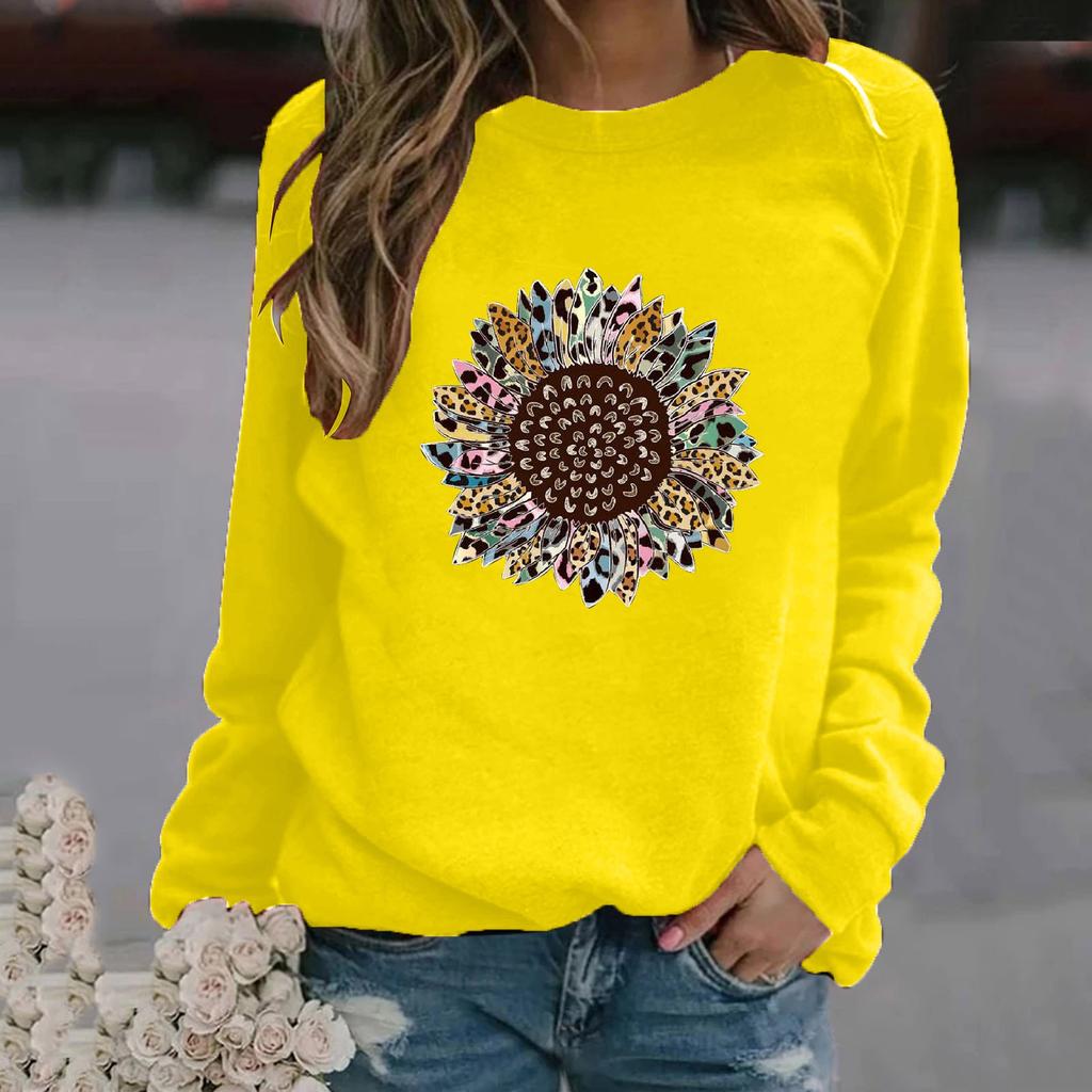 Women's Fashion Casual Print Round Neck Sweater Loose Sports Tops Pullover