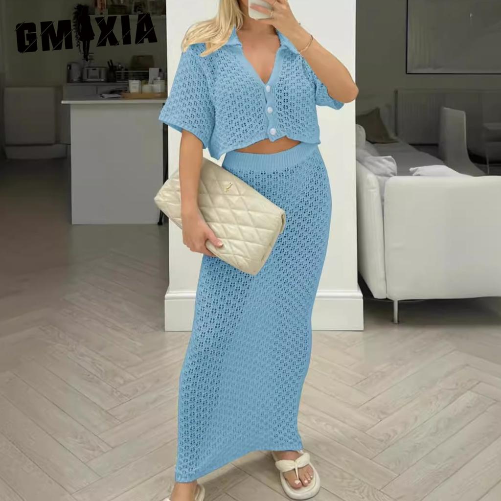 GMXIA Summer Spring Knitted Hook Flower Set Skirt Multi-color Cardigan Buckle Skirt All Match Set