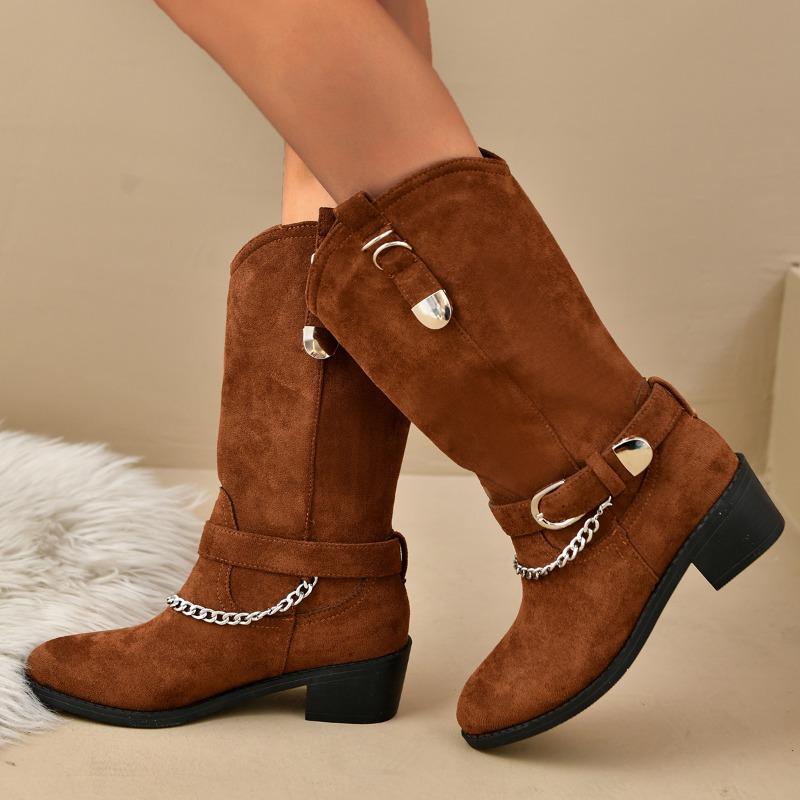 Fashion Women's Winter Rough-heeled Cotton Boots Pointed Bull Suede Sleeve Metal Chain Anti-slip and Anti-wear Rider Boots