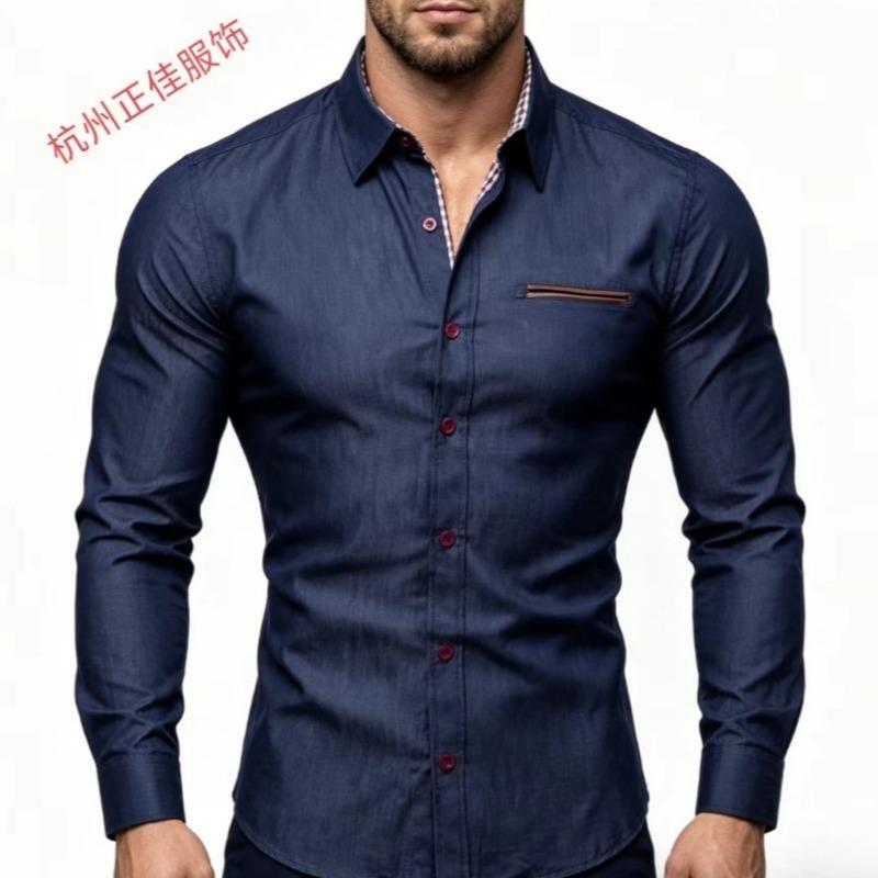 Herren Slim Fit Lässiges Jeanshemd mit langen Ärmeln und Leder-Patch-Tasche