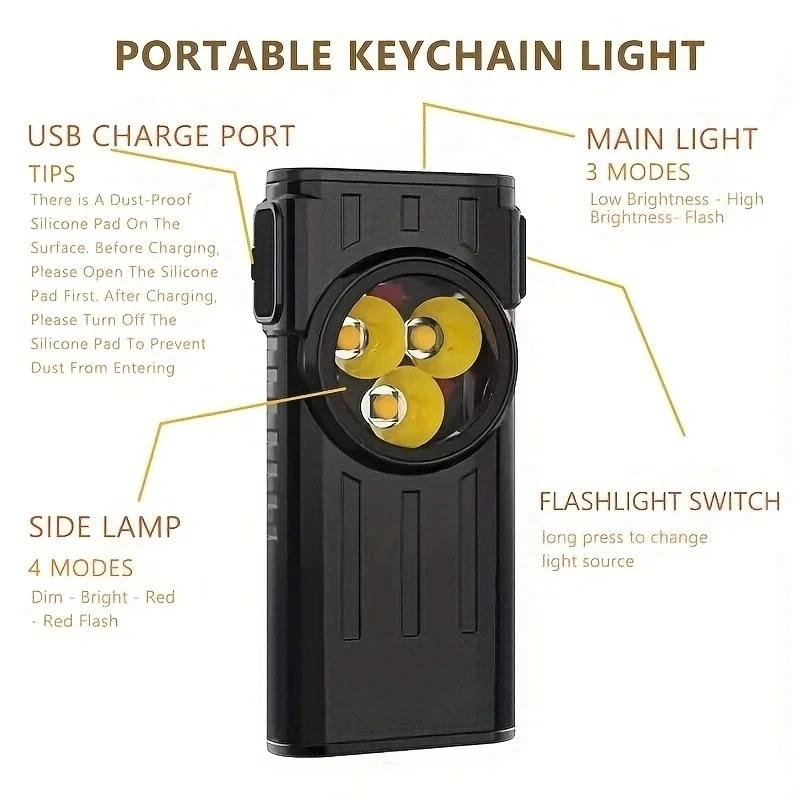 LED Pocket Light Flashlight Keychain Torch Type-C Rechargeable Lightweight Work Lamp with Magnet for Camping Hiking Emergency
