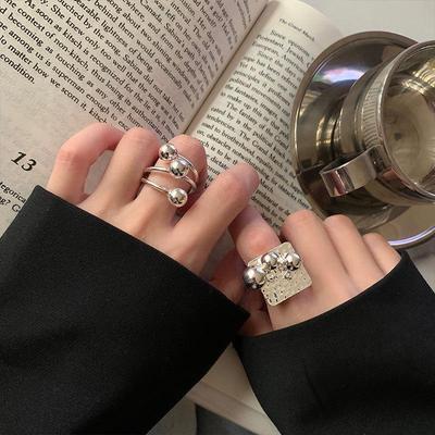 Korean S925 Silver-Plated Vintage Crossover Ring - Women's Open Round & Square Design for Index Finger