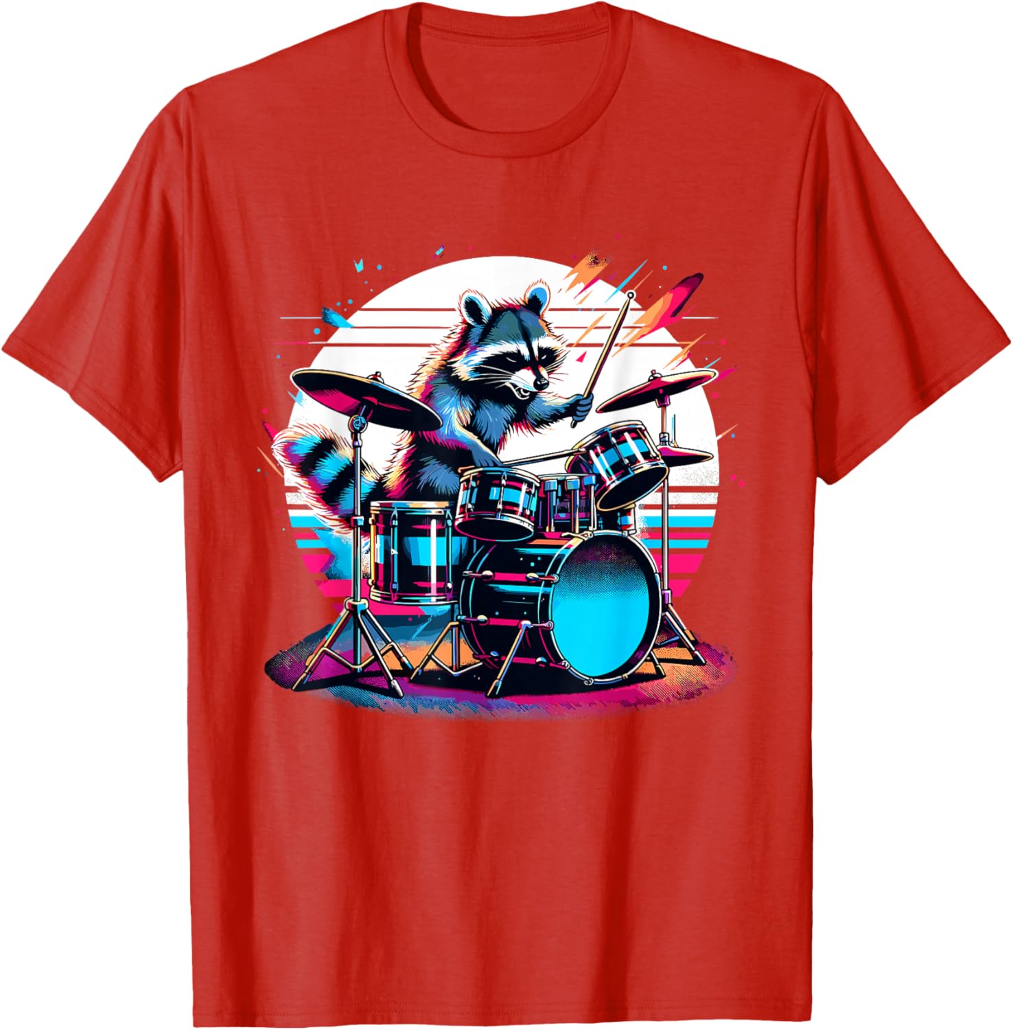 Raccoon Drummer Musician Retro Graphic TShirt Breathable Casual Cotton Tee S