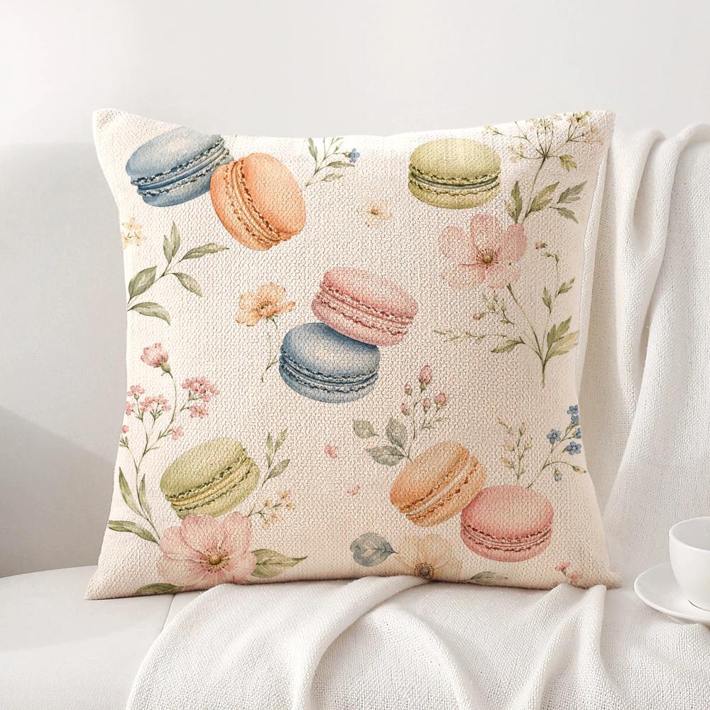 Macarons and Floral Cushion Cover Linen Organic Fabric DoubleSided Printing Sofa Breathable Home Decor Gift Pillow Case