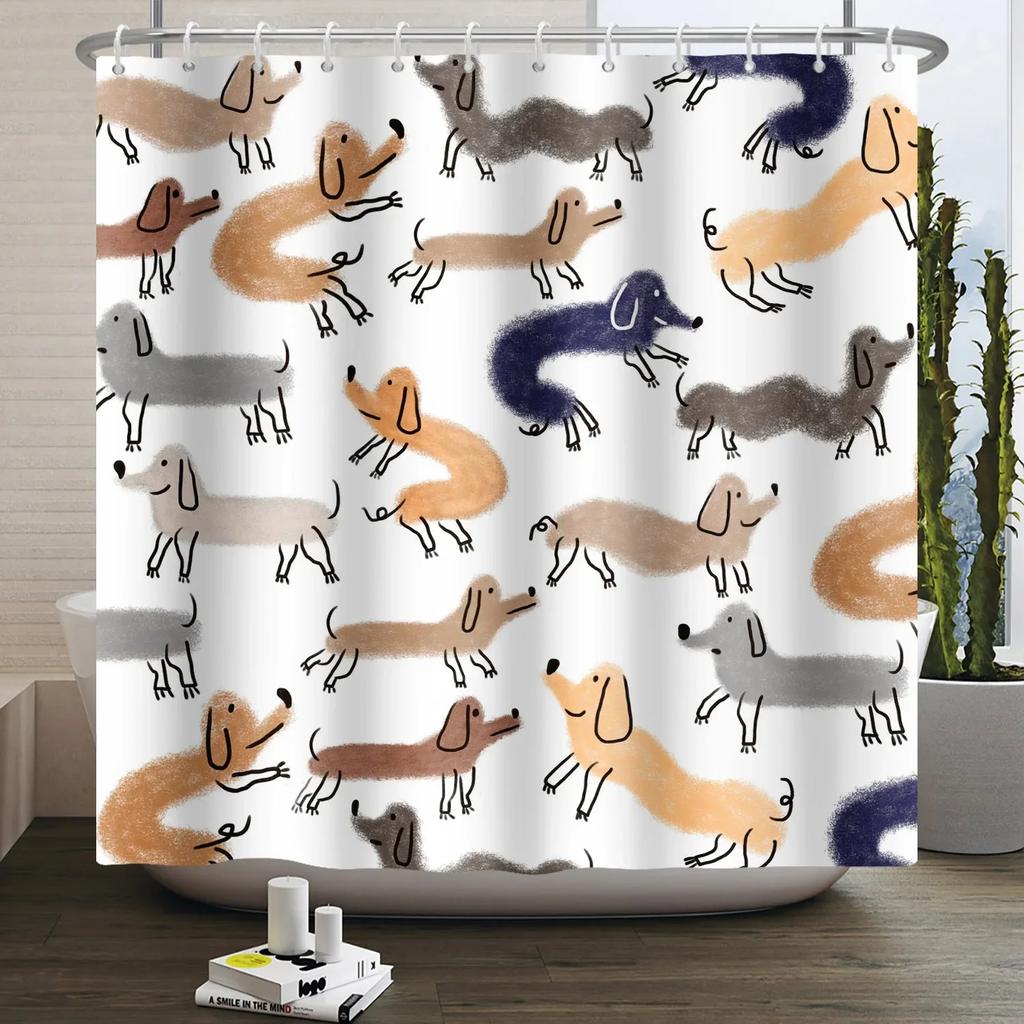 Kreskówkowy Kot Zasłona Prysznicowa Zabawne Zwierzę Słodki Kot Pies Dzieci Nadruk Wodoodporna Kąpiel Łazienka Zasłony Prysznicowe Dekoracja z Haczykami