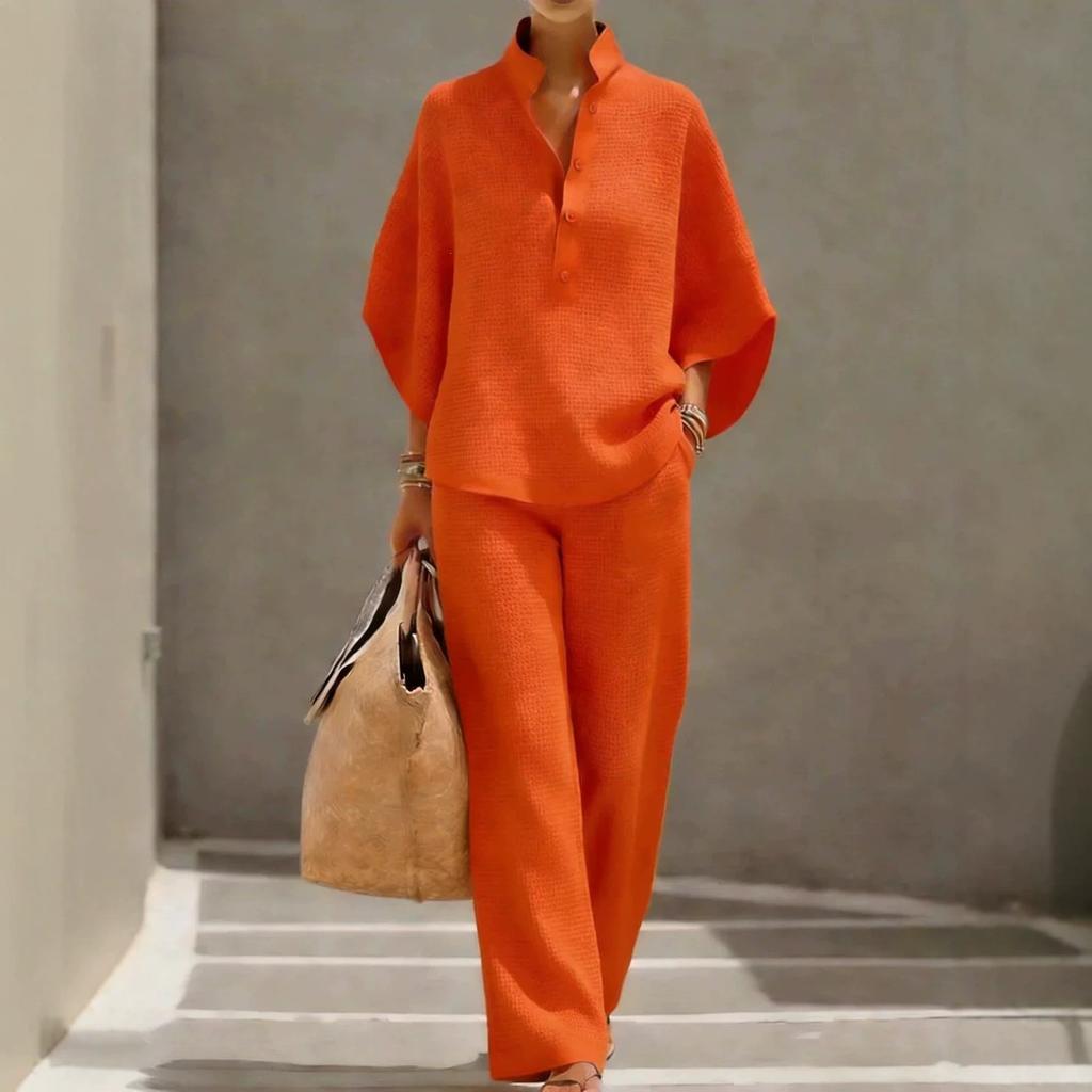 Women's Mandarin Collar Half Sleeve Button Up Shirt and Wide Leg Pants Casual Loungewear Set