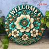 Aluminum Welcome Sign Floral Teal White Round Waterproof Wall Decor Door Hanger