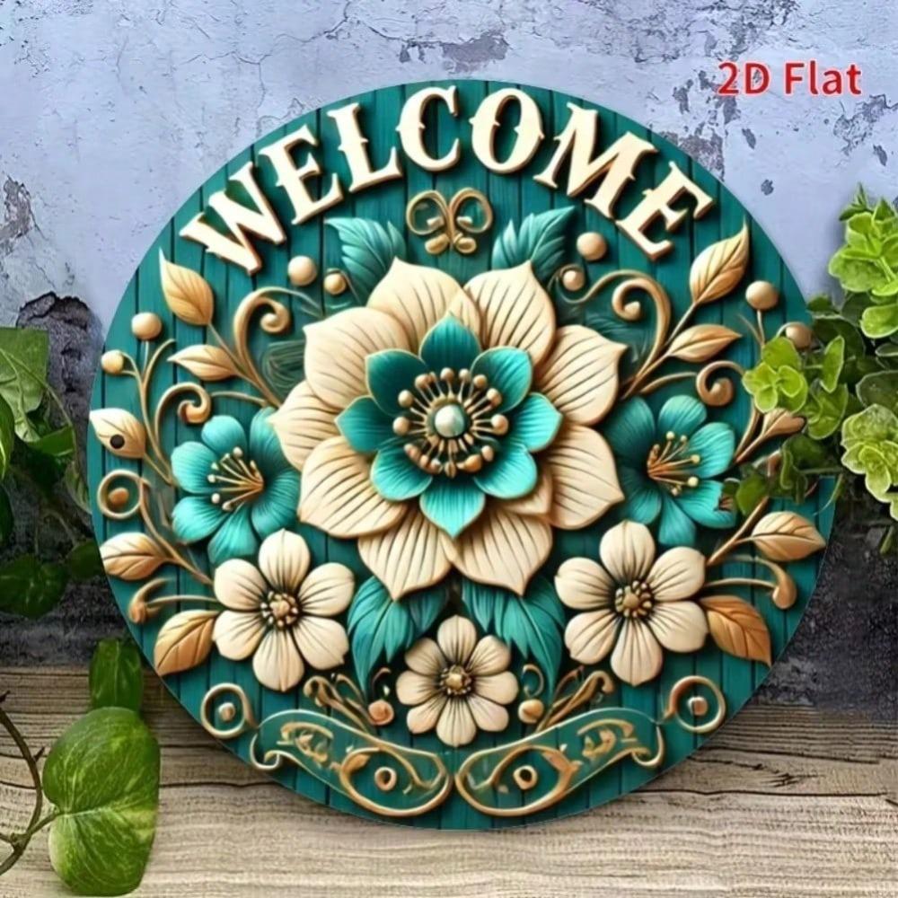Aluminum Welcome Sign Floral Teal White Round Waterproof Wall Decor Door Hanger