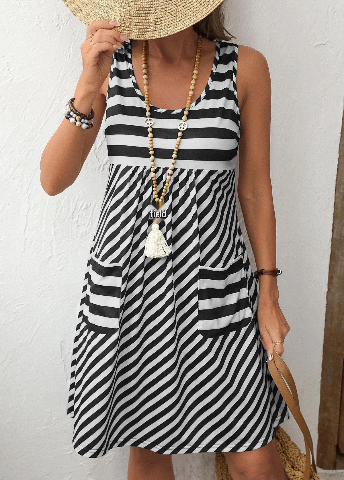 Plus Size Striped Summer Dress with U-neck and Patchwork Pocket 4XL