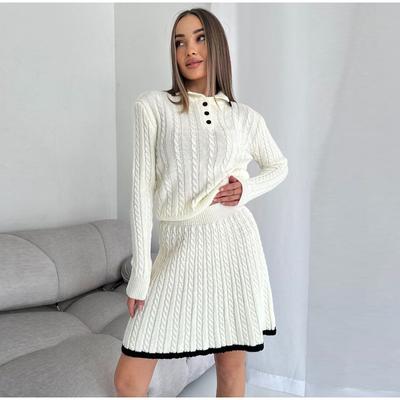 Women's Solid Color Knitted Pullover Skirt Sets Turndown Collar Sweater Long Sleeve Slim Sweaters with Short Skirts Elegant Women Suits