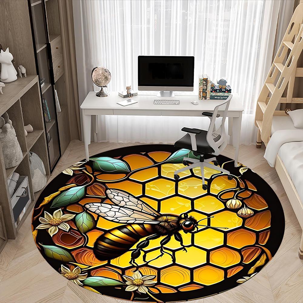 1pc Bee Honeycomb Office Round Area Rug, Under Office Chairs Bedroom Living Room Home Decor, Room Deco