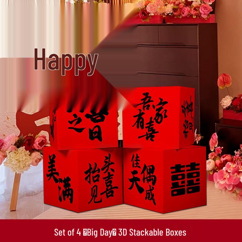 Double Happiness 3D Wedding Box Ornament - Perfect for Living Room and Bedroom Décor, Bridal Gift, and New Home Decoration