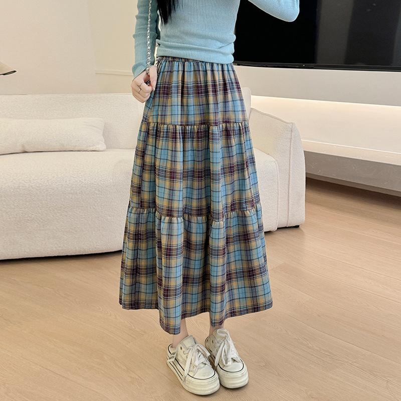 Blue Plaid Cake Skirt Women's Spring and Autumn New High-waisted A-word Umbrella Skirt, Thin Japanese Medium and Long Skirt