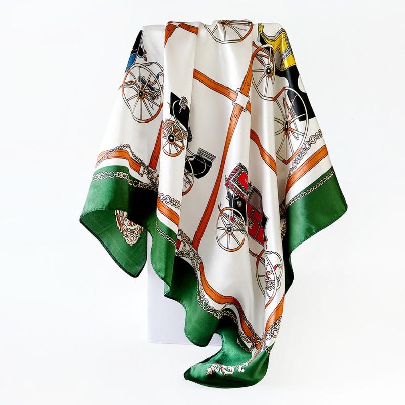 Versatile chain 90cm silk scarf square scarf high-end women's shawl retro printing satin bag headscarf