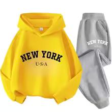 Herbst Warm New York Letter Cool Grafikdruck Kinder Langarm Hoodie + Hose Anzug 2er Set Sweatshirt Junge Mädchen Kind Sportbekleidung
