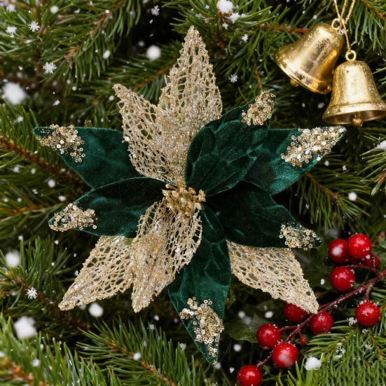 Fleurs de Poinsettia en Tissu à Paillettes de Noël 11 Pouces Grandes Artificielles à Paillettes Ornements d'Arbre de Noël pour Mariage Fête de Fin d'Année