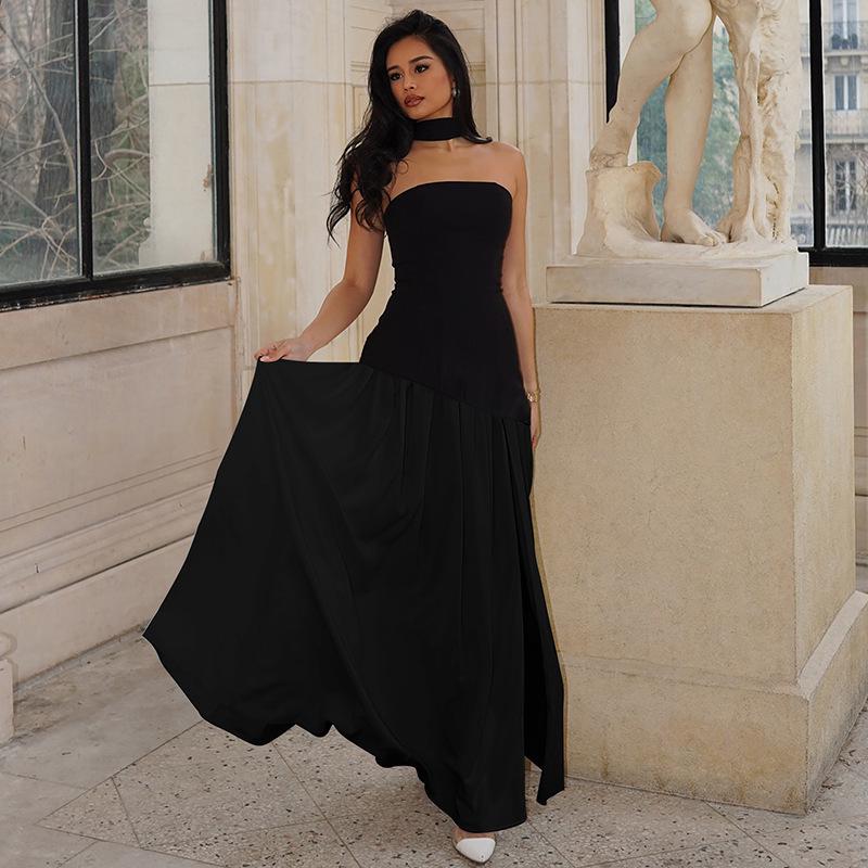 European & American Elegant Off-Shoulder Slim Fit Slit Dress with Ribbon Back