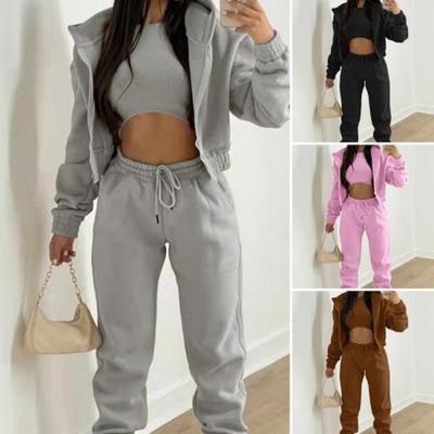 Women Fleece Sweatsuits Set 3 Piece Zip Up Hoodie Tank Top Jogger Sweatpants Casual Tracksuit Outfits for Fall