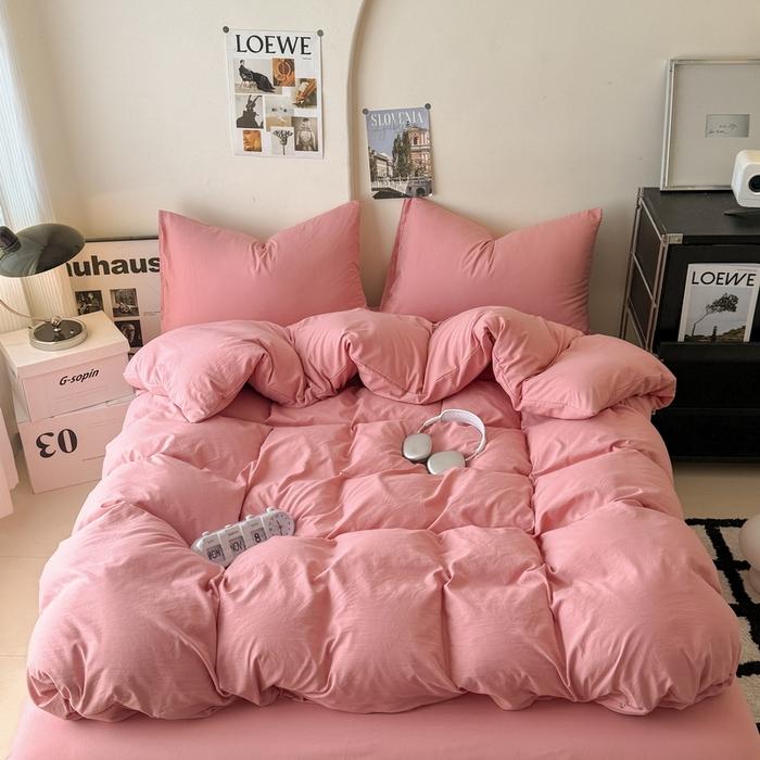 new solid color washed cotton four-piece set Shuangpin student dormitory single bedding three-piece set