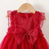 Abito alla moda per bambina con fiocco e maniche a sbuff in rete, Abito per bambini stile torta principessa