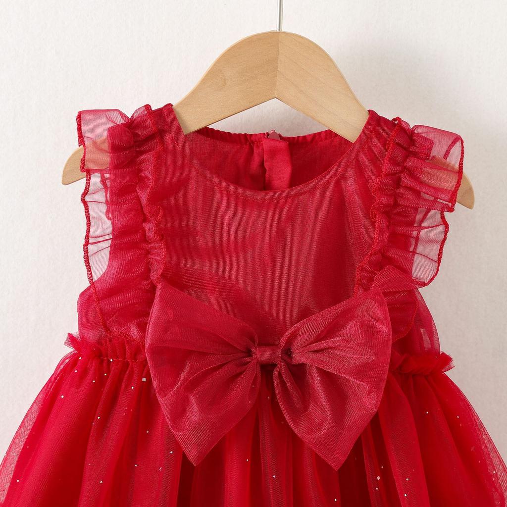Abito alla moda per bambina con fiocco e maniche a sbuff in rete, Abito per bambini stile torta principessa