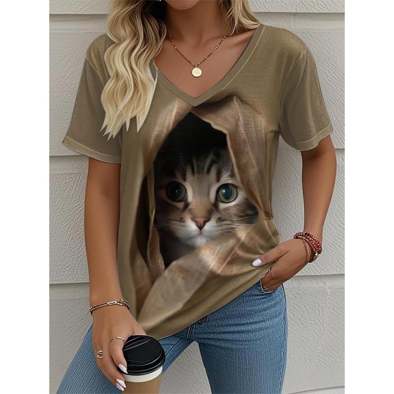 2025 New Cat Women's V-Neck T-Shirt Summer Outdoor Fashion Short Sleeve Tops Animal Printed Patterns OverSize Women's Clothing