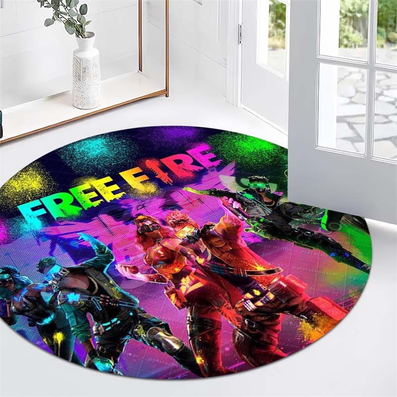 Free Fire Game Character Neon Graffiti Print Round Area Rug Non‑Slip Circular Floor Mat Gamer Home Decor for Living Bedroom Gaming Room