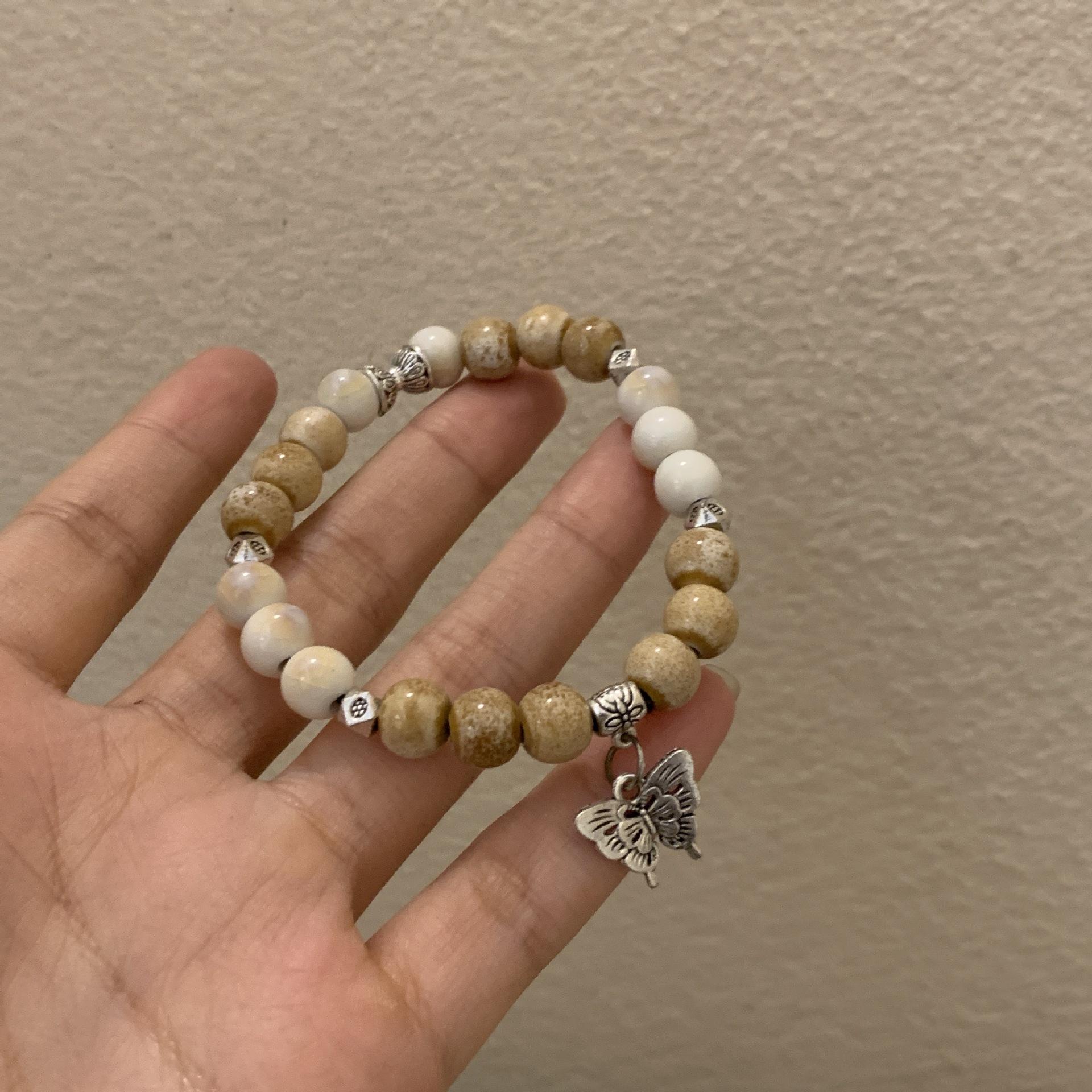 Jingdezhen Ceramic Butterfly Beaded Bracelet for Women, New Chinese Literary Niche Hand Woven Bracelet, Cute Trinket Gift for Students Girlfriend