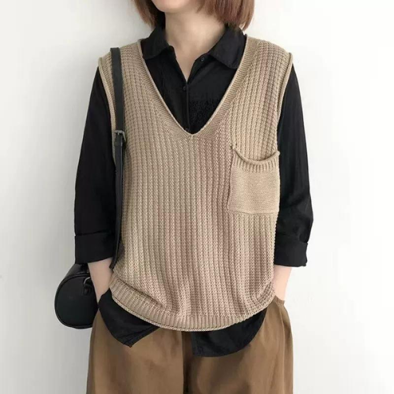 Spring and Autumn Women's Solid Color V-neck Artistic Knitted Vest Plus Size Sweater Vest