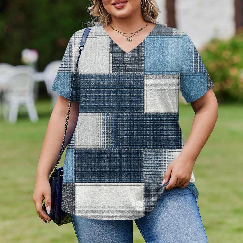 Women's Plus Size Fashionable Casual Loose-Fit Short Sleeve Elegant V Neck Blouse For Work