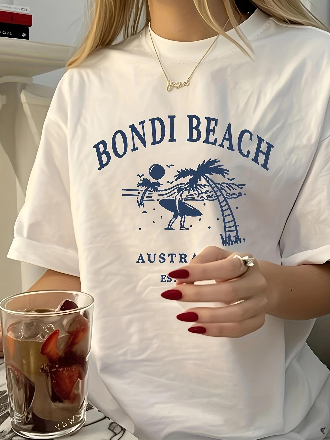 

BONDI BEACH surf print T-shirt loose short-sleeved island holiday ladies casual top XXL білий