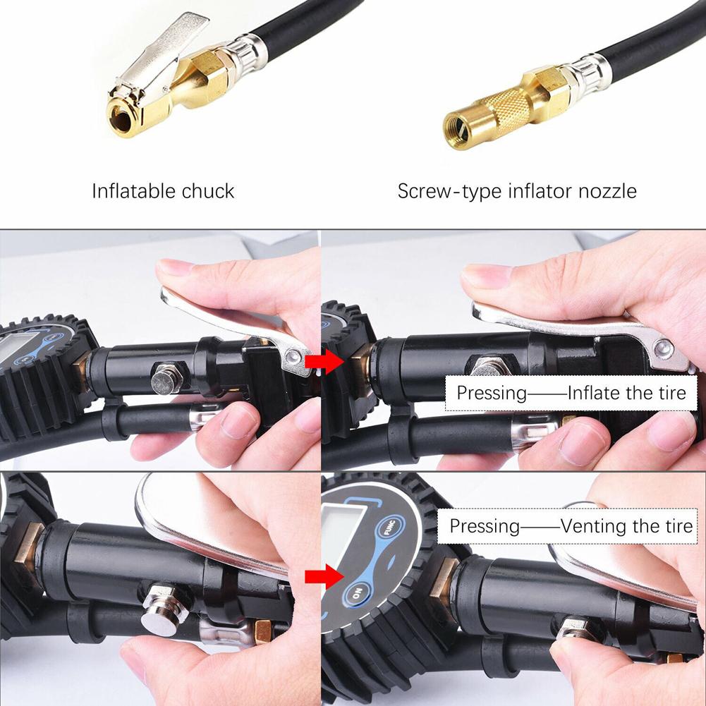 Digital Tire Pressure Inflator Gauge 3-200PSI 14BAR Car Tire Inflator Gun Air Line Clip-on Tyre Pump for Motorcycle Bicycle Auto