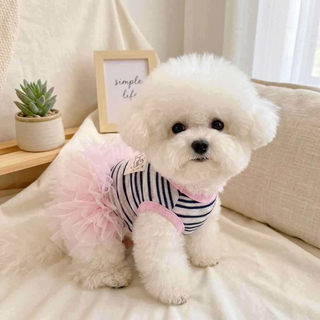 Pet Striped Vest, Cute Mesh Patchwork Dress, Sunscreen Pet Couple Outfit, Princess Style Fluffy Skirt Puppy Clothes