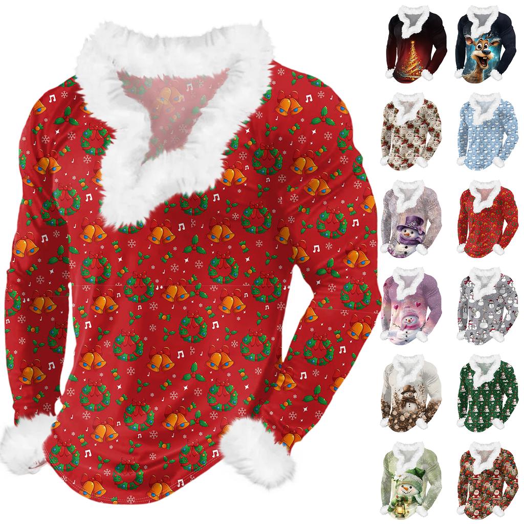 Męska bluza z kapturem z nadrukiem świątecznym, podszyta polarem | Sweter imprezowy z imitacją obszycia i kieszenią | Duży rozmiar, luźny krój, świąteczny pulower