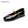Women's Patent Leather Mary Jane Shoes Low Heel Square Toe Black Pumps Retro Female Ballerinas Soft Comfortable Shoes for Woman