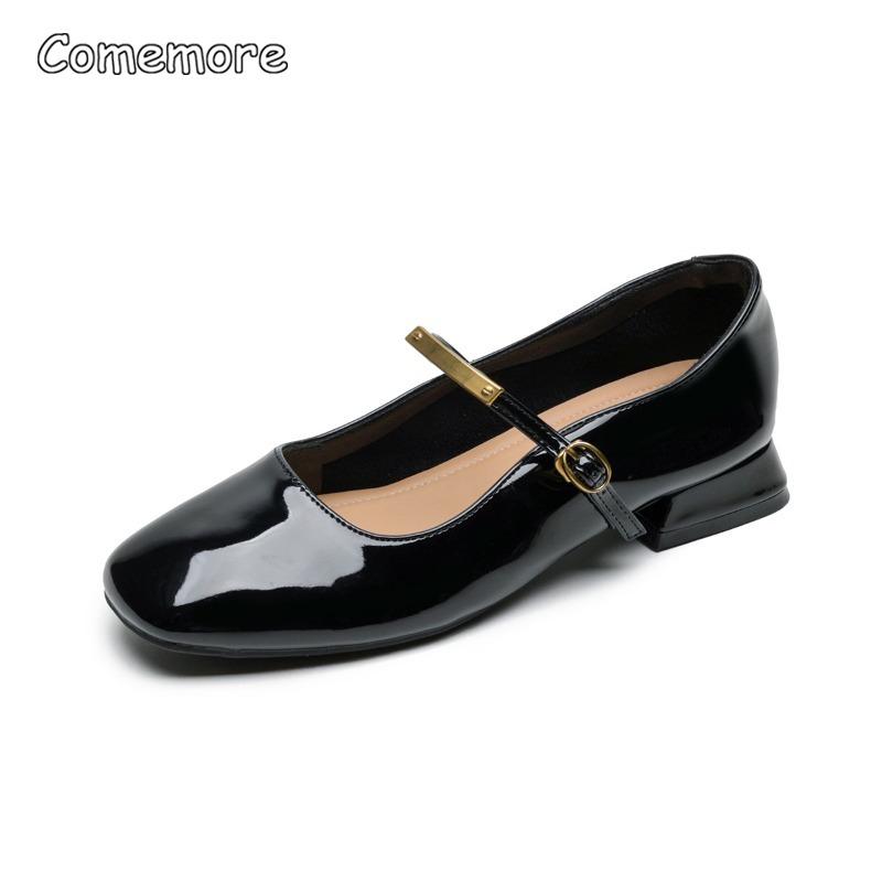 Women's Patent Leather Mary Jane Shoes Low Heel Square Toe Black Pumps Retro Female Ballerinas Soft Comfortable Shoes for Woman