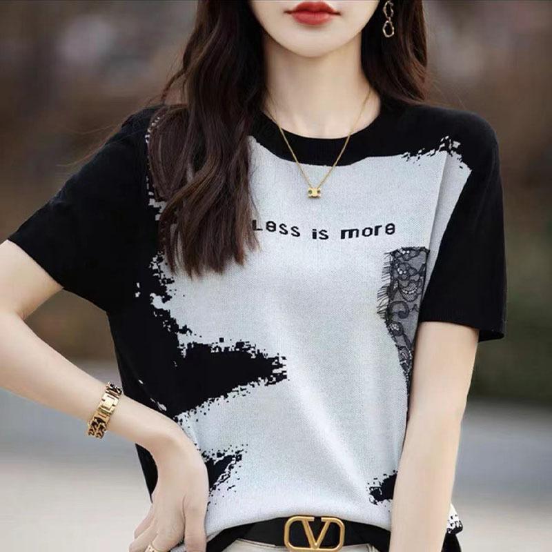 Ice Silk Round Neck Simple Letter Jacquard Knitted Short-sleeved T-shirt for Women Loose Slim High-end Casual Contrast Top