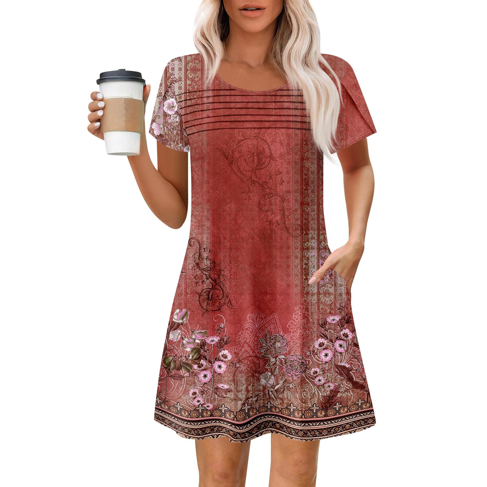 

Женские летние повседневные платья с круглым вырезом, плиссированные, с карманами, с принтом, с коротким рукавом XXL