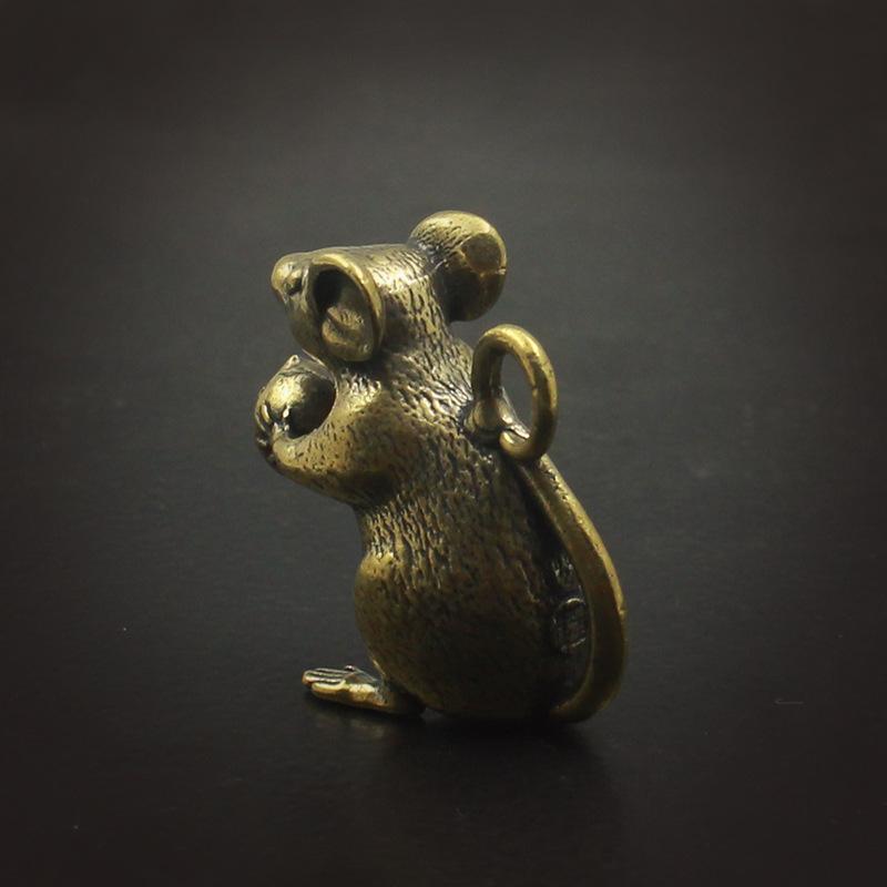 Brass Cute Mouse Peach Miniatures Figurines Tea Pet Table Ornament Crafts Copper Animal Rat Statue Home Decorations Accessories