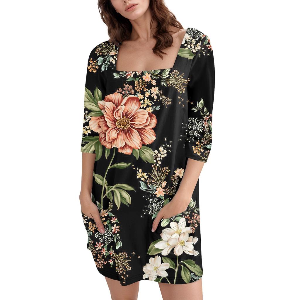 Women's Fashion Casual Print Square Neck 3/4 Sleeve Short Dress