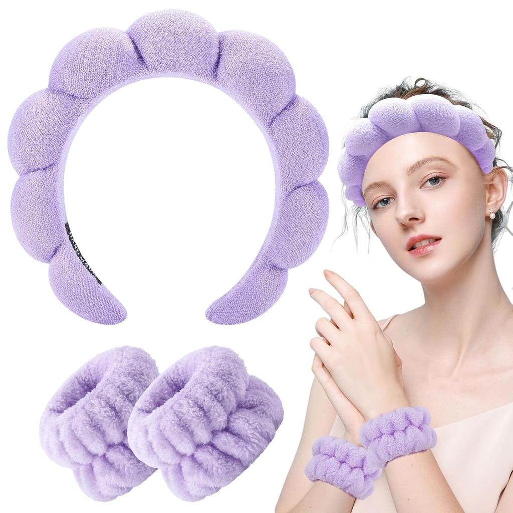 Fennec Mart Spa Headband and Wristband Set for Women Soft Face Wash Headband & Wrist Bands for Skincare, Makeup & Facial Cleansing Routine (Purple)