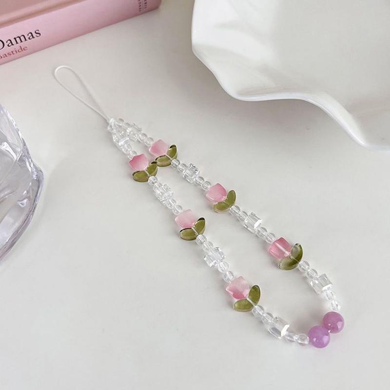 Korean Cute Flower Tulip Pearl Beaded Phone Chain For Mobile Phone Lanyard Pendant Anti-Lost Hanging Jewelry