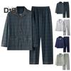2Pcs/Set Men Pajamas Set Plaid Print Lapel Long Sleeve Single Breasted Shirt Elastic Waist Long Pants Set Loose Fit Loungewear Suit