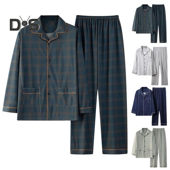 2Pcs/Set Men Pajamas Set Plaid Print Lapel Long Sleeve Single Breasted Shirt Elastic Waist Long Pants Set Loose Fit Loungewear Suit